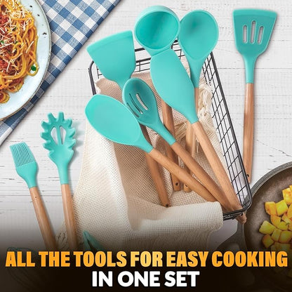 Teal Kitchen Utensils Set with Holder, 12 Pcs, Wooden Handle | BBQ Cooking Utensils that Bake, Serve, Mix & Flip; Silicone Heads Stay Non-Scratch on Nonstick Pots & Pans; Housewarming Gift