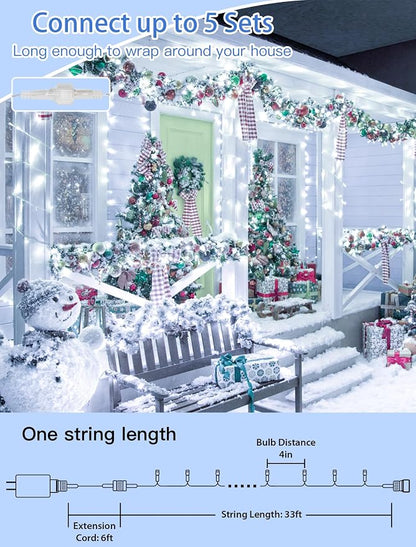 33FT 100 LED Cool White Christmas Fairy Twinkle String Lights Indoor | 8 Modes with Memory, Connectable, IP65 Waterproof, Transparent Wire, Up to 5 Sets, Widely use for Classroom, Bedroom, dorm