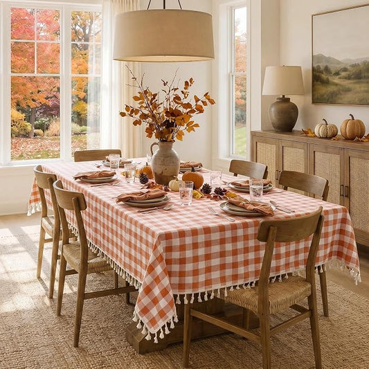 Softalker Fall Checkered Tablecloth Rectangle, Heavy Weight Linen Cotton Gingham Thanksgiving Orange Table Cloth with Tassel, Wrinkle Free Buffalo Plaid Table Cover for Dining Party- 55 x 102 Inch