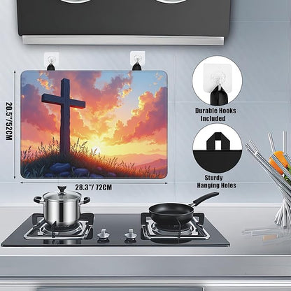 Wood Cross Stove Top Covers for Electric Stove,Easter Sunrise Glass Top Stove Cover, Heat Resistant Range Covers for Electric Stove,Washable Countertop Mat, 28 x 20 Inch