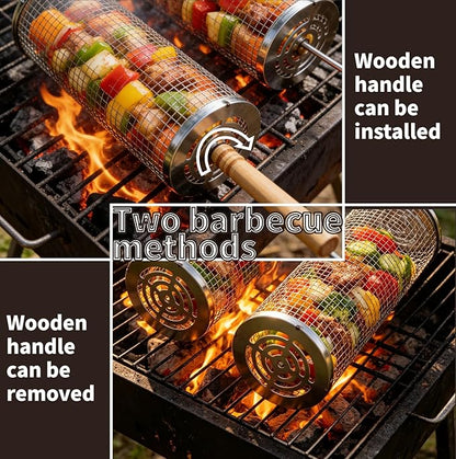 2pcs rolling grill baskets,304 Stainless Steel Grill Cage, Removable Handles,vegetable grill basket,meat smoker accessories,bbq accessories for grilling baskets,bbq tools—presents for men and Women