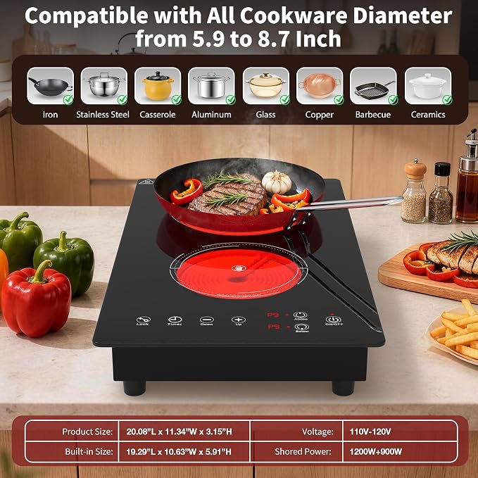 VBGK Electric Cooktop,110V 2100W Electric Stove Top with LED touch Control,9 Power Levels, Kids Lock & 4H Timer,Overheat Protection stove,12 Inch 2 burner cooktop