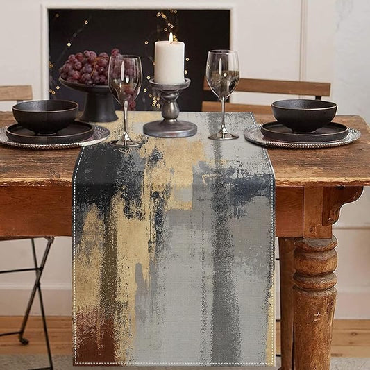 Emvency Modern Abstract Table Runner, Gold Foil Grey Textured Artistic for Kitchen Coffee Table Family Dinners Holiday Parties Wedding Events Decor(13x72 inch)