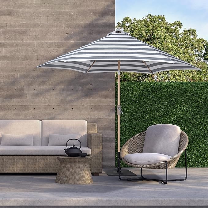Tempera Striped Patio Umbrellas Outdoor Table Market Umbrellas with Crank & Pust Button Tilt|Auto-Tilt, 8 Steel Ribs, High Color-Fastness Canopy