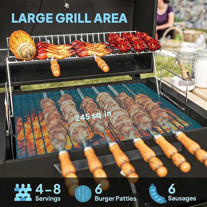 Outsunny Charcoal BBQ Grill with 245 sq. in. Cooking Area, Outdoor Barbecue Grill with Adjustable Charcoal Pan, Thermometer, 3 Shelves, Wheels for Patio, Picnic, Backyard, Party, Black