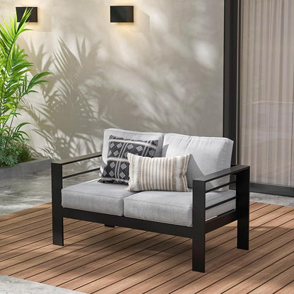 Wisteria Lane Aluminum Outdoor Sofa, 2 Seats Patio Couch All-Weather Rust-Proof Modern Metal Patio Furniture with 5" Thick Olefin Cushions, Light Grey