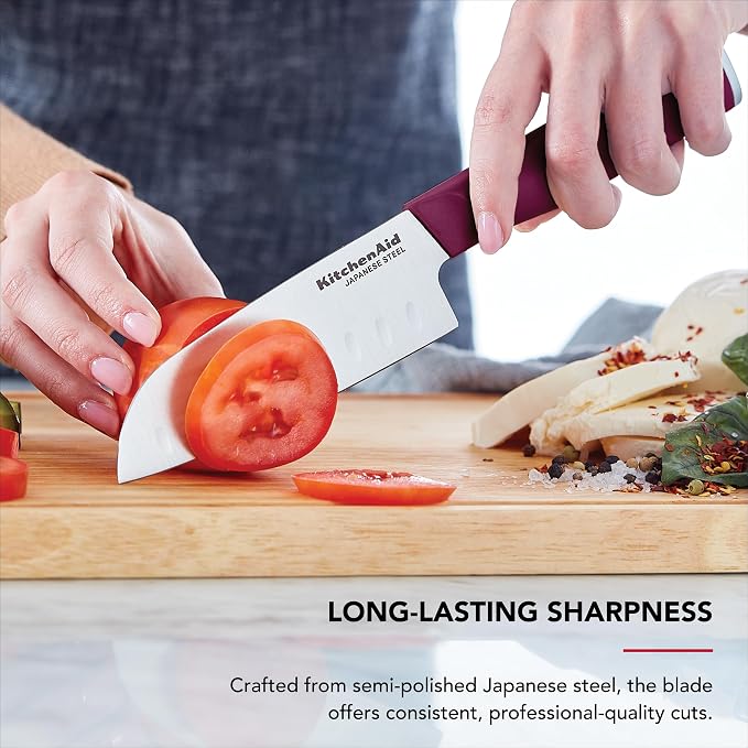 KitchenAid 4-Piece Chef Knife Set with Blade Covers, 6-Inch Chef Knife, 5-Inch Santoku, 5.5-Inch Serrated Utility, 3.5-Inch Paring Japanese Steel, Assorted Colors