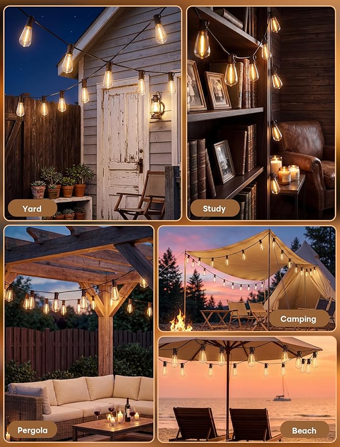 LED Outdoor String Lights 50FT Edison Lights with 27 ST38 Shatterproof Bulbs, Outside Hanging Lights Waterproof for Patio, Porch, Deck, Garden, Balcony, 2700K Warm White, Dimmable