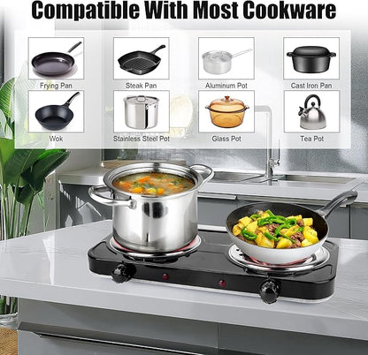 Electric Charcoal Burner Stove, 500W Single Coil Hot Plate Starter with Grill Tongs, 5-Level Temp, Smart Heat Control & Stainless Steel Fast Heating for Cooking top Countertop (3890Black-Double01)