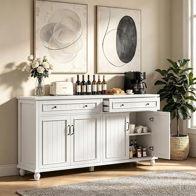 Scurrty Sideboard Buffet Cabinet, 62'' Large Storage Cabinet with Drawers and 4 Doors, Vintage Coffee Bar Cabinets with Adjustable Shelf for Kitchen, Living Room, White