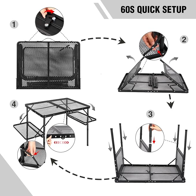 Folding Grill Table with Extension Space, Adjustable Height Portable Large Stand Camp Table for Outdoor Indoor Camping Picnic BBQ, Black with Side Panels
