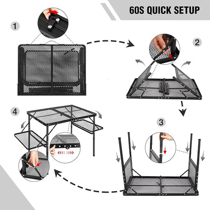 Folding Grill Table with Extension Space, Adjustable Height Portable Large Stand Camp Table for Outdoor Indoor Camping Picnic BBQ, Black with Side Panels
