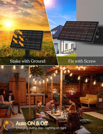 50ft Solar Outdoor String Lights with Remote - USB Rechargeable Solar Powered Outdoor Patio Lights, Larger 1.5W Solar Panel, Timer, Dimmable Shatterproof ST38 Bulbs for Backyard, Garden, Pool