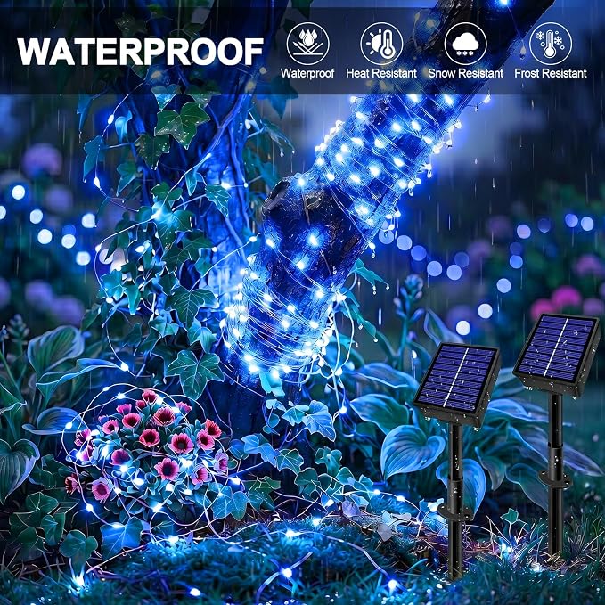 Solar String Lights 2 Pack Total 66FT 200LED Solar Fairy Lights Outdoor Waterproof 8 Lighting Modes Twinkle Lights for Patio, Garden Yard Party Wedding Tree Christmas Halloween Decoration, Blue