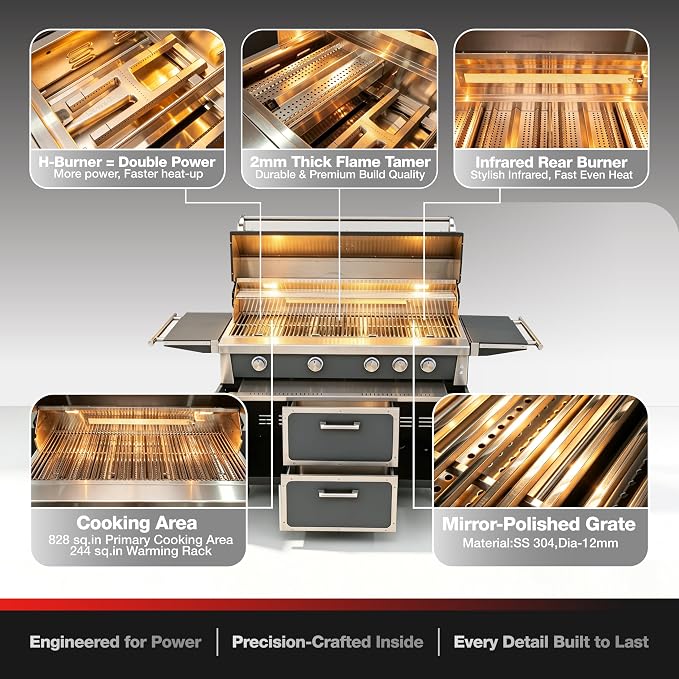 NG 4 Cast Burners Outdoor Kitchen Grill Island, 99,000 BTU, Grey Painting