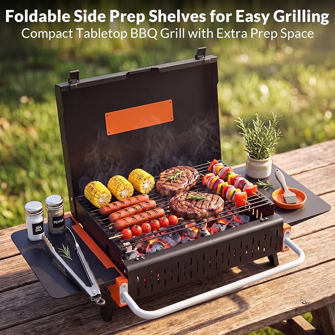 Portable Charcoal Grill, Foldable Tabletop BBQ Grill for 2-4 People | Fold-Flat Camping Grill, Removable Ash Pan, Side Shelves, Locking Lid for Backyard, Patio, Tailgating & Outdoor Cooking