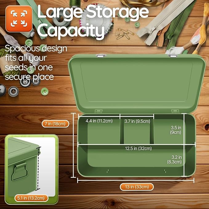 Flexzion 12-Inch Metal Seed Storage Box with Lid, 4 Compartments, Green | Seed packet organizer with dual latches and carry handles for gardening supplies, tools, crafts and household essentials