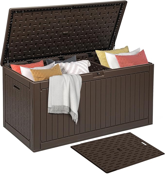 DWVO 320 Gallon Double-Wall Deck Box with Divider, XXL Extra Large Resin Outdoor Storage Box, Lockable & Waterproof, Double as Seating, 1000lbs Capacity (Brown)