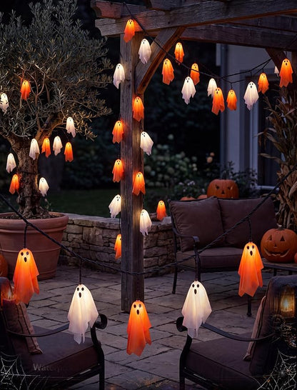 8.5Ft 10 LED Halloween Light Up Decoration Flying Ghost Lights Orange White | 4.8W 120V, Plug in End-to-End Connectable, Waterproof & Shatterproof, UL Listed for Yard Patio Party Porch Halloween Decor
