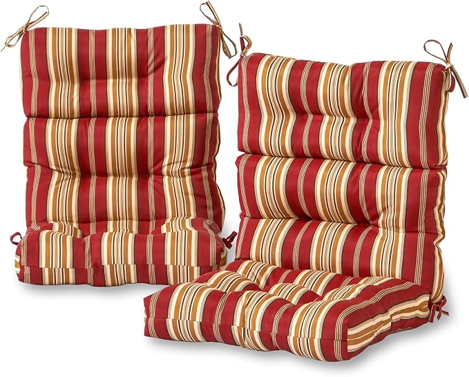 Outdoor Tufted High-Back Chair Cushions, One-Piece Hinged Seat and Back Design, Reversible with 4 Ties, Durable Polyester Fabric, Recycled Fiber Fill - Set of 2, Roma Stripe