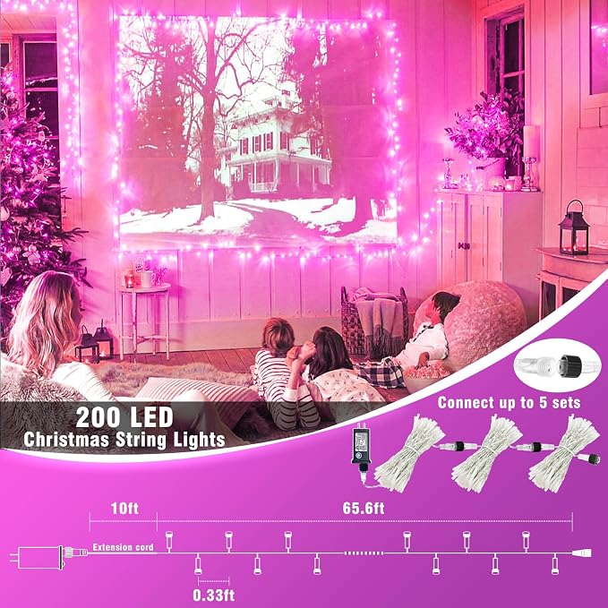 200 LED Pink String Lights Indoor Valentines Day Decorations, 66 FT Valentines Day Lights Waterproof with 8 Modes, Clear Wire Pink Fairy Lights Plug in for Valentine Day Wedding Party Bedroom Decor
