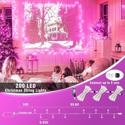 200 LED Pink String Lights Indoor Valentines Day Decorations, 66 FT Valentines Day Lights Waterproof with 8 Modes, Clear Wire Pink Fairy Lights Plug in for Valentine Day Wedding Party Bedroom Decor
