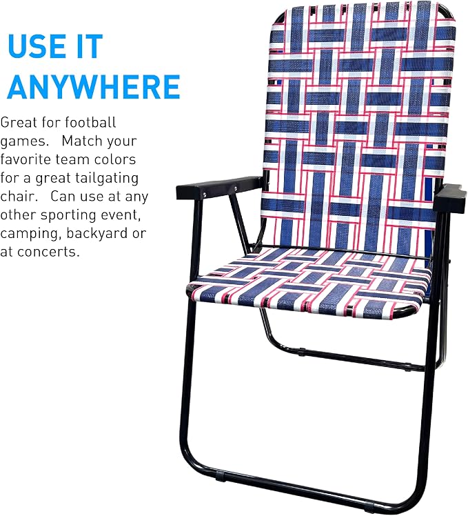 Lawn Chair Folding Steel Webbing Chaise Patio Lounger Seat Wood Handles Great for Camping, Beach, Fishing, Backyard, Stadium, Pool, Boating, and Sports 4 Pack Blue/Red