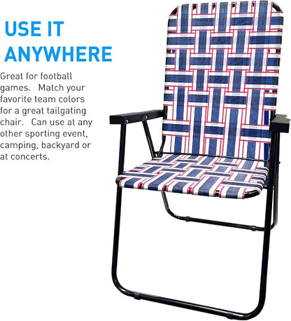 Lawn Chair Folding Steel Webbing Chaise Patio Lounger Seat Wood Handles Great for Camping, Beach, Fishing, Backyard, Stadium, Pool, Boating, and Sports 4 Pack Blue/Red