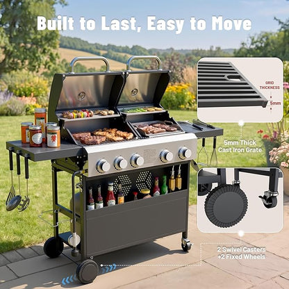 Propane Gas Grill and Griddle Combo for Outdoor Cooking, 5 Burners, Porcelain-Enameled Cast Iron Grate & Cast Iron Fry Pan, Foldable Side Shelves, Dual BBQ Grill for Patio, Backyard, Camping