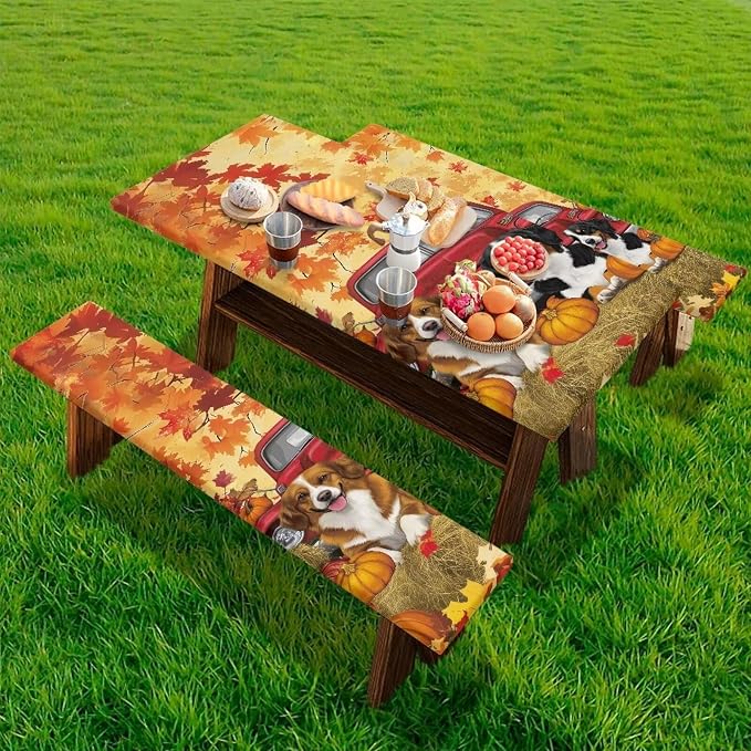 Maple Dog Pumpkin Outdoor Picnic Table Cover Thanksgiving 3 PCS Set Fitted Picnic Table Cover for Outdoor Camping