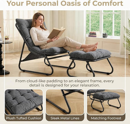 Rocking Chair with Ottoman, Modern Metal Frame Outdoor Rocker, Comfy Patio Lounge Chair with Footrest, Reading Glider Chairs for Living Room, Bedroom, Balcony, Garden, Relax, Grey