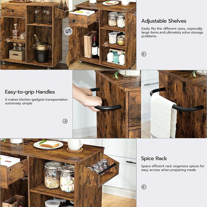 HOOBRO Kitchen Island, Storage Cabinet with Drawer, Kitchen Cart with Spice and Towel Rack, Saving Space, Easy Assembly, for Living Room, Rustic Brown BF12ZD01
