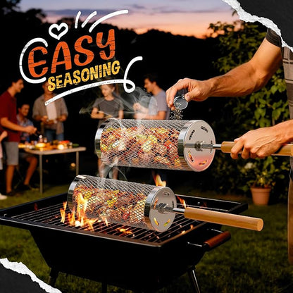 Rolling Grill Basket 2-Pack,304 Stainless Steel Grill Basket with Removable Wooden Handle,BBQ Tool & Smoker Accessory for Grill Rotisseries Veg & Shrimp,Ideal for Outdoor Cooking,Camping & Gifts for Dad/Husband/Men