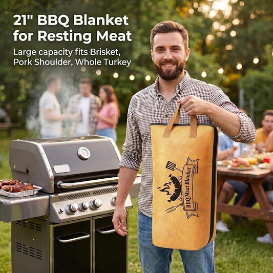 RINPIR 21pcs BBQ Grill Accessories Set with 21” Reusable Meat Blanket Brown | Father’s Day Grilling Gifts for Men Dad, Stainless Steel Grill Tools Utensils Kit in Aluminum Case for Outdoor Camping