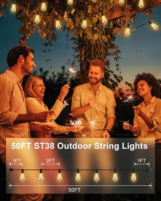 Patio String Lights Plug in 50FT LED Outdoor String Lights with IP65 Waterproof 27 Bulbs, Connectable Dimmable Edison ST38 Outside Lights for Garden, Yard, Porch, Backyard, Deck, Home Decor