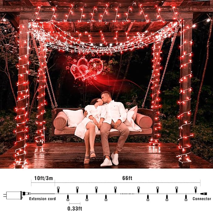 66FT 200 LED Outdoor String Lights, Connectable Christmas Lights Indoor Waterproof with 8 Modes, Plug in Twinkle Fairy Lights Clear Wire for Outside Bedroom Home Garden Wedding Patio Decorations, Red