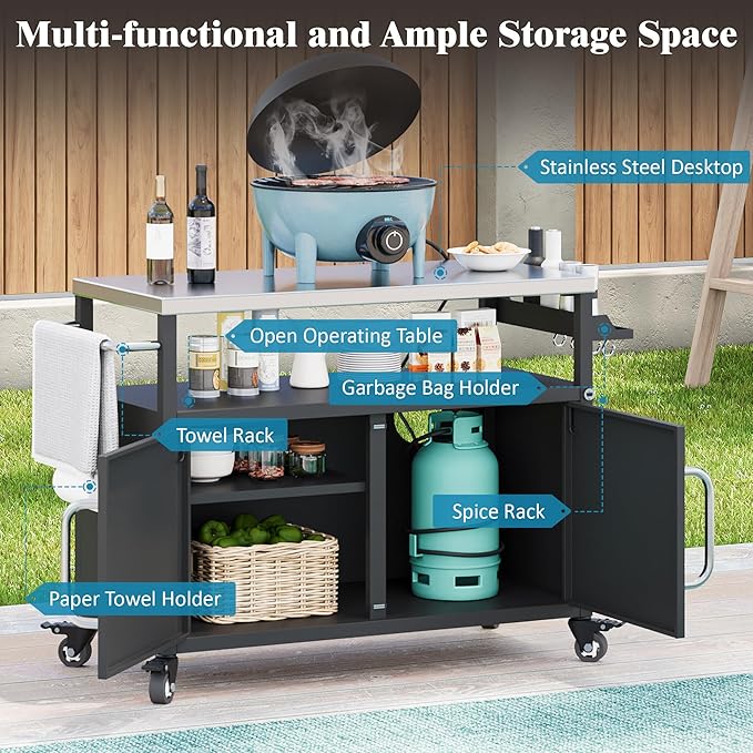 54.5" Outdoor Kitchen Island with Stainless Steel Tabletop, Metal Grill Cart Table with Storage Cabinet, Spice Rack and Towel Rack, Outdoor Bar Cart with 4 Lockable Wheels for Outside BBQ (Black--@13)