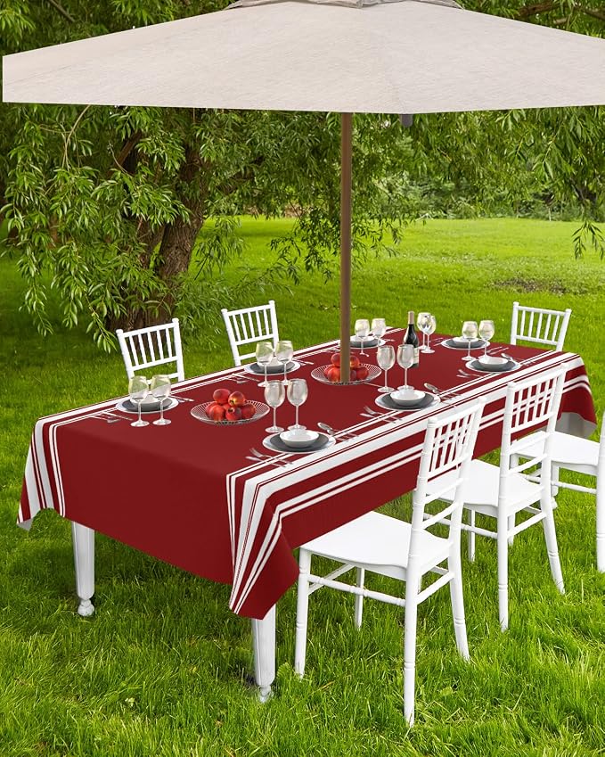 QueenKer Outdoor Tablecloth with Umbrella Hole, Farmhouse Wine Red White Stripe Rectangle Tables Waterproof Tabletop Collection for Patio, Garden, Picnic, Camping, Dining 60 x 84 inch