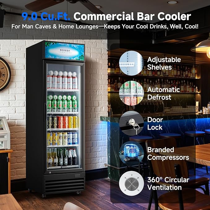 BODEGA COOLER 9 Cu. Ft Commercial Merchandiser Refrigerator with Glass Door & LED Light | Energy-Saving Beverage Display refrigerator, 32°F-50°F Temp, 4 Adjustable Shelves, Lock for Office/Bar/Kitchen