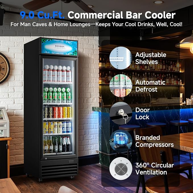 BODEGA BODEGACOOLER 9.0 Cu.Ft Commercial Beverage Refrigerator with Glass Door, Upright Display Merchandiser Fast Cooling Drink Cooler, Digital Thermostat, LED Light – Beat Summer Heat for Game Day.
