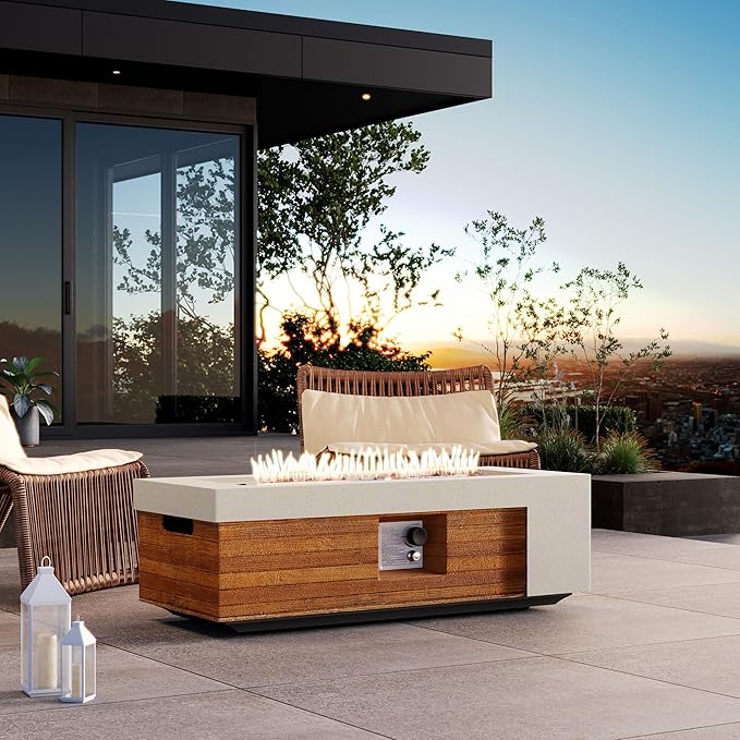 COSIEST 42" Outdoor Propane Fire Pit Table, Rectangular Gas Fire Pit Table with Concrete & Log Wood Grain Design, 50000BTU Fire Tables for Patio, Backyard, Garden Heating