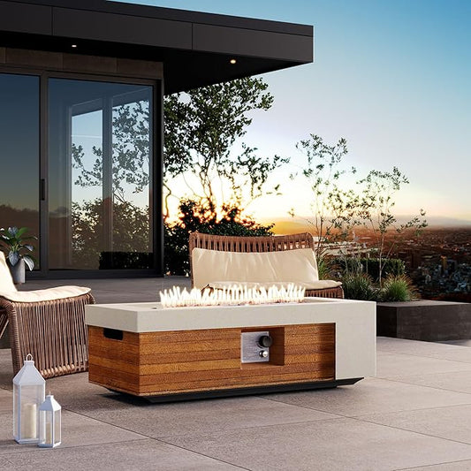 COSIEST 42" Outdoor Propane Fire Pit Table, Rectangular Gas Fire Pit Table with Concrete & Log Wood Grain Design, 50000BTU Fire Tables for Patio, Backyard, Garden Heating
