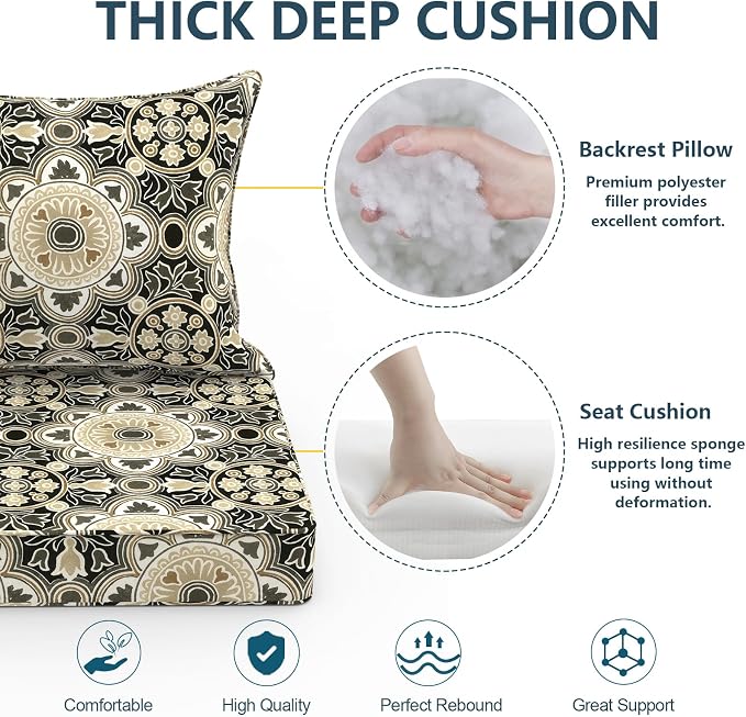 DYTXIII Outdoor Deep Seat Cushion Set, Water Repellent 22"x22" Patio Thick Cushions Replacement with Seat & Back Pillow for Patio Sofa, Wicker Chair, Couch - Vintage Medallion