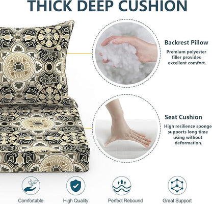 DYTXIII Outdoor Deep Seat Cushion Set, Water Repellent 22"x22" Patio Thick Cushions Replacement with Seat & Back Pillow for Patio Sofa, Wicker Chair, Couch - Vintage Medallion