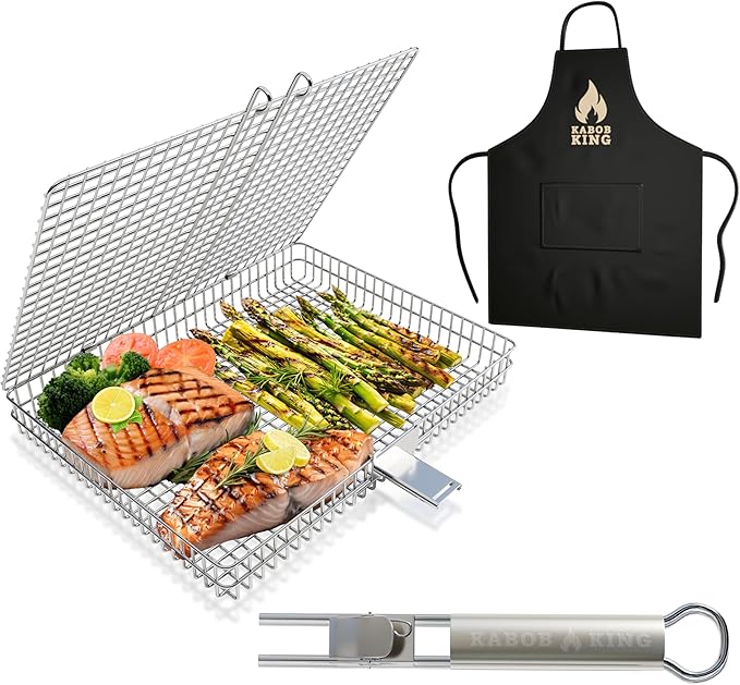 ORIGINAL Jumbo XL Grilling Basket with Detachable Handle and Easy Open/Close Locking Lid. New & Improved Stainless Steel Construction with Larger Capacity (12.5 x 9.5 x 2 inches) for Outdoor BBQ Camping Grilling by Kabob King