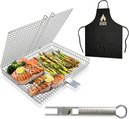 ORIGINAL Jumbo XL Grilling Basket with Detachable Handle and Easy Open/Close Locking Lid. New & Improved Stainless Steel Construction with Larger Capacity (12.5 x 9.5 x 2 inches) for Outdoor BBQ Camping Grilling by Kabob King