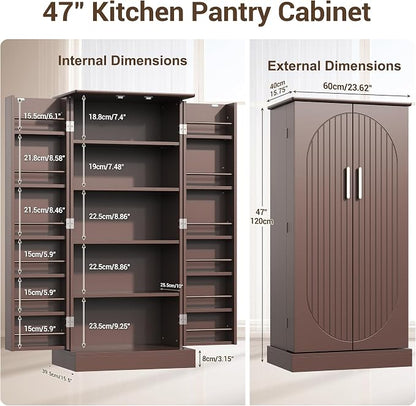 kepptory 47" Kitchen Pantry Cabinet with Doors and Adjustable Shelves, Freestanding Pantry Storage Cabinet, Farmhouse Buffet Cupboard for Kitchen, Dining Room, Living Room, Grey (Brown)