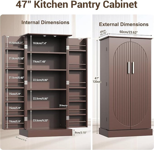 kepptory 47" Kitchen Pantry Cabinet with Doors and Adjustable Shelves, Freestanding Pantry Storage Cabinet, Farmhouse Buffet Cupboard for Kitchen, Dining Room, Living Room, Grey (Brown)