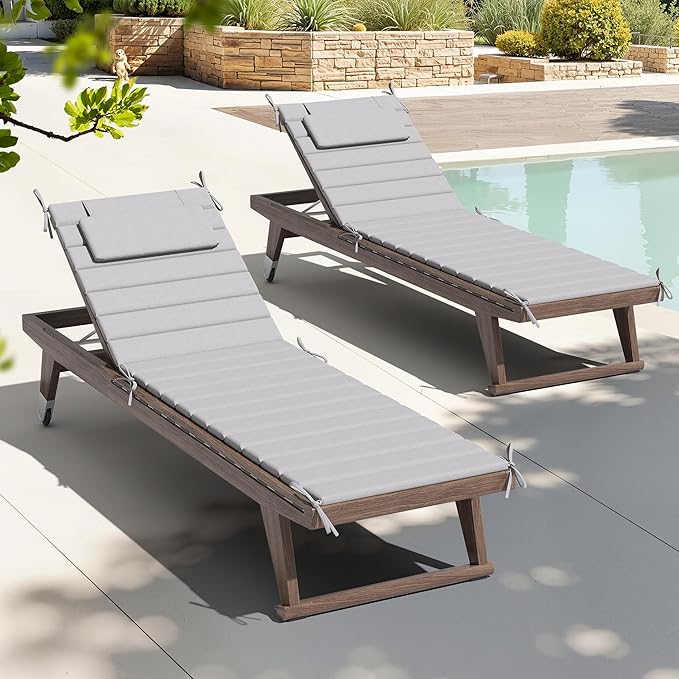 Crestlive Products Chaise Lounge Cushion Outdoor Set of 2, Foldable Waterproof Pool Lounge Chair Cushions with Straps, Lounger Cushions for Outdoor Furniture， 80''Lx26''W (Light Gray)