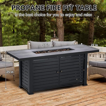 57" Fire Pit Table, 50000BTU Rectangle Propane Fire Table with Cover & Rain Cover, Sturdy Steel and Iron Fence Surface, CSA Safety Certified, Companion for Your Garden (Enlarged Version)